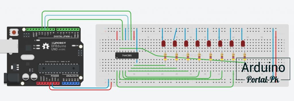 Схема подключения сдвигового регистра к плате Arduino UNO