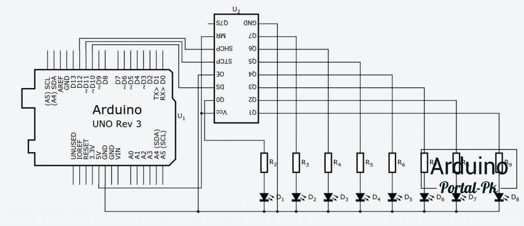 Принципиальная схема подключения сдвигового регистра к плате Arduino UNO.