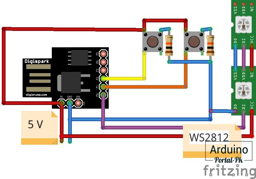 Схема подключения Digispark и адресных светодиодов WS2812