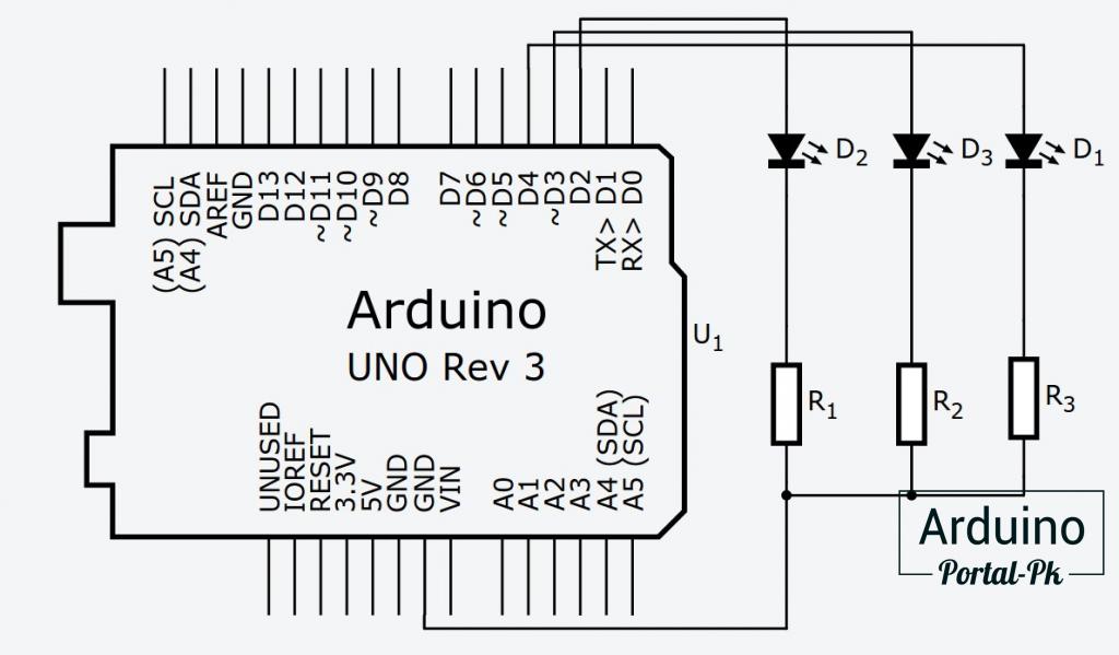 Принципиальная схема подключения светофора на Arduino 