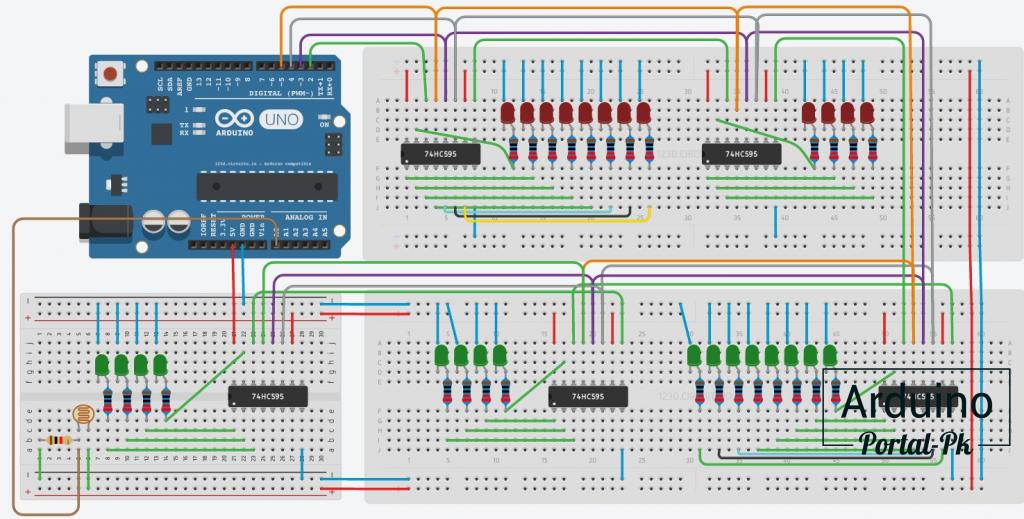 подключение к Arduino UNO 5 сдвиговых регистров 74HC595N и 26 светодиодов