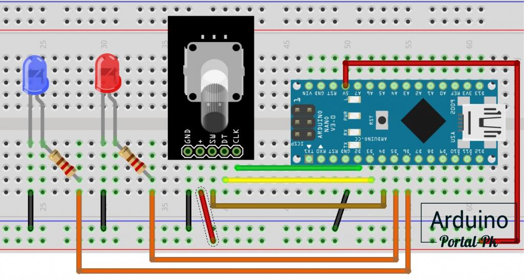 схема подключения управления яркостью двух светодиодов с помощью энкодера и Arduino NANO