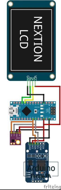 Соединяем электронику часов на Arduino с дисплеем Nextion по схеме 