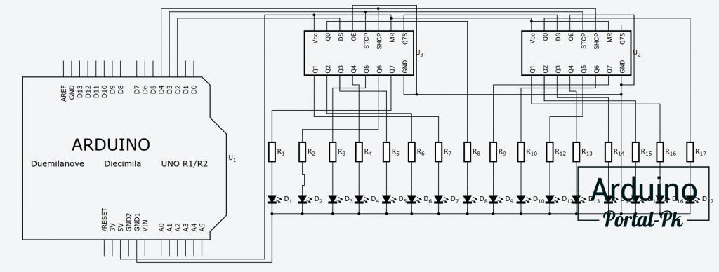 Принципиальная схема подключения двух сдвиговых регистров к Arduino.
