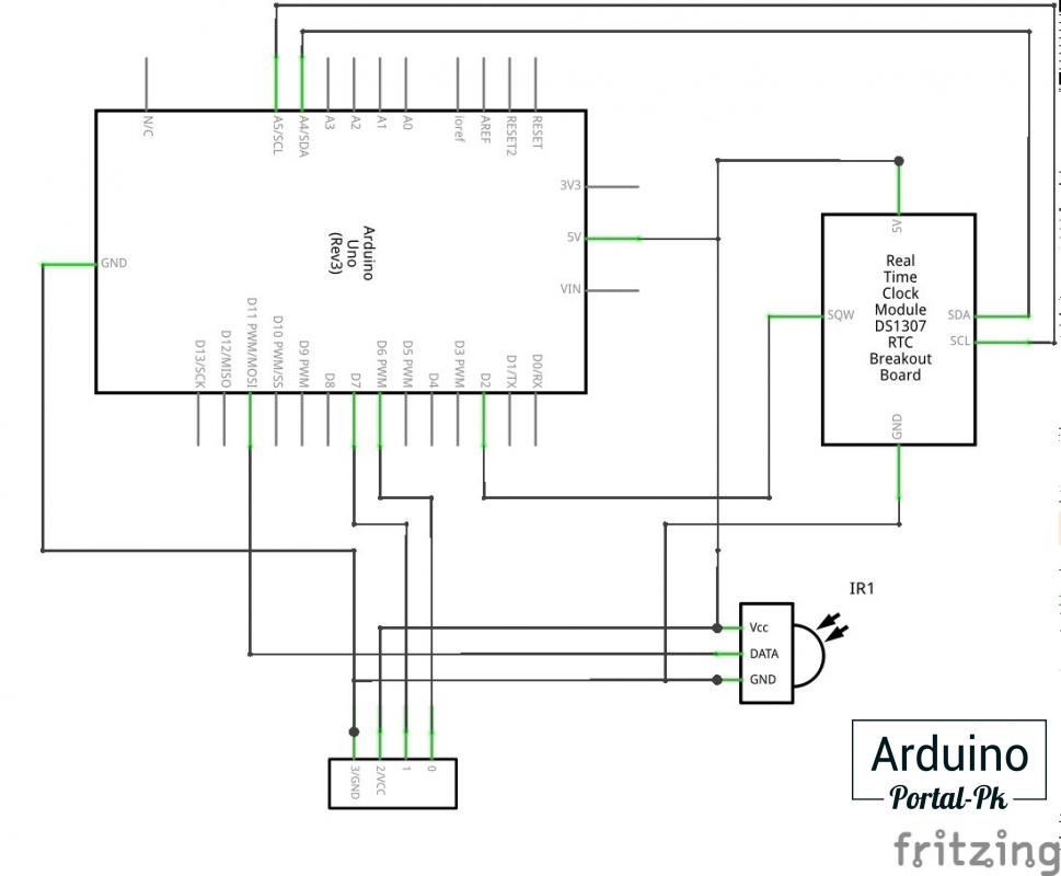 Принципиальная схема подключения к Arduino DS3231 модуль реального времени, ИК приемник и семи сегментного индикатора TM1637.