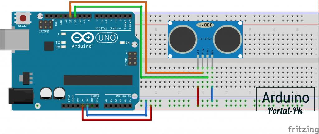 Схема подключения ультразвукового датчика HC-SR04 к Arduino UNO 