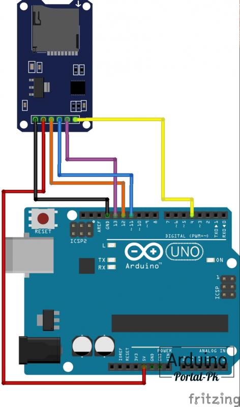 Подключаем SD-модуль к Arduino UNO по такой схеме.