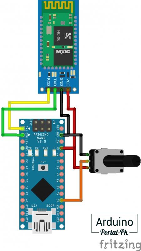  подключим к Arduino NANO, Bluetooth модель HC-06 и потенциометр