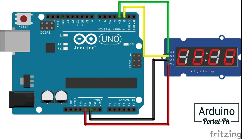 Подключить TM1637 к Arduino UNO можно по аналогичной схеме.