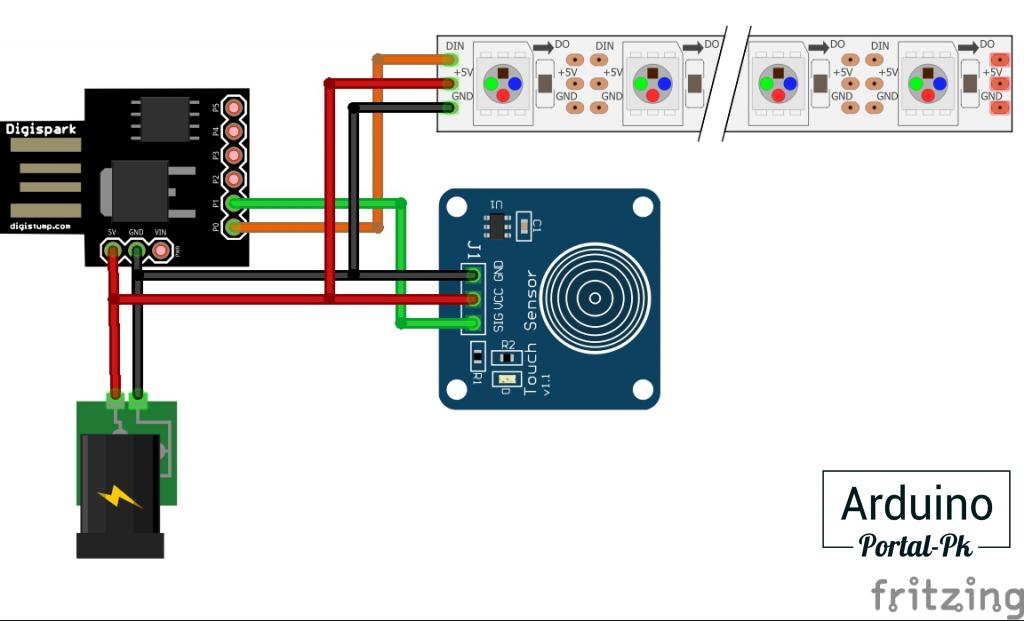 Электронику светильника с сенсорным управлением на Arduino (Digispark) собираю вот по такой схеме.
