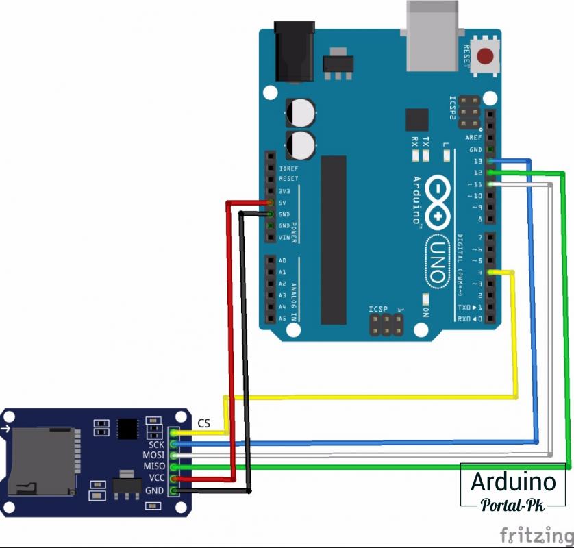 Подключаем SD-модуль к Arduino UNO по такой схеме. 