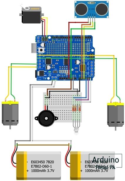 схему подключения робота на Arduino, Motor Shield L293D и ультразвуковом датчике HC-SR04 