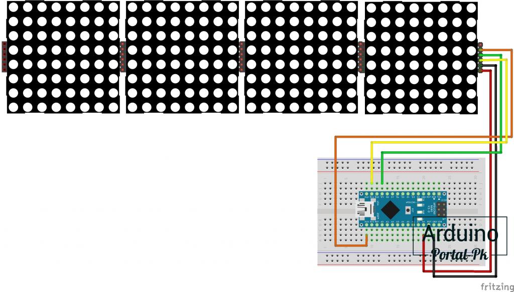 Схема подключения модуля с 4 матрицамиMAX7219 к Arduino NANO
