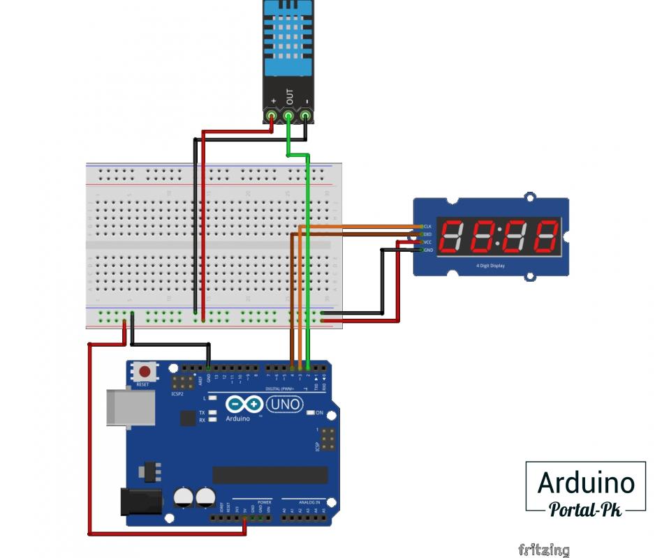 Схема подключения к Arduino семисегментный индикатор TM1637 и датчик DHT11