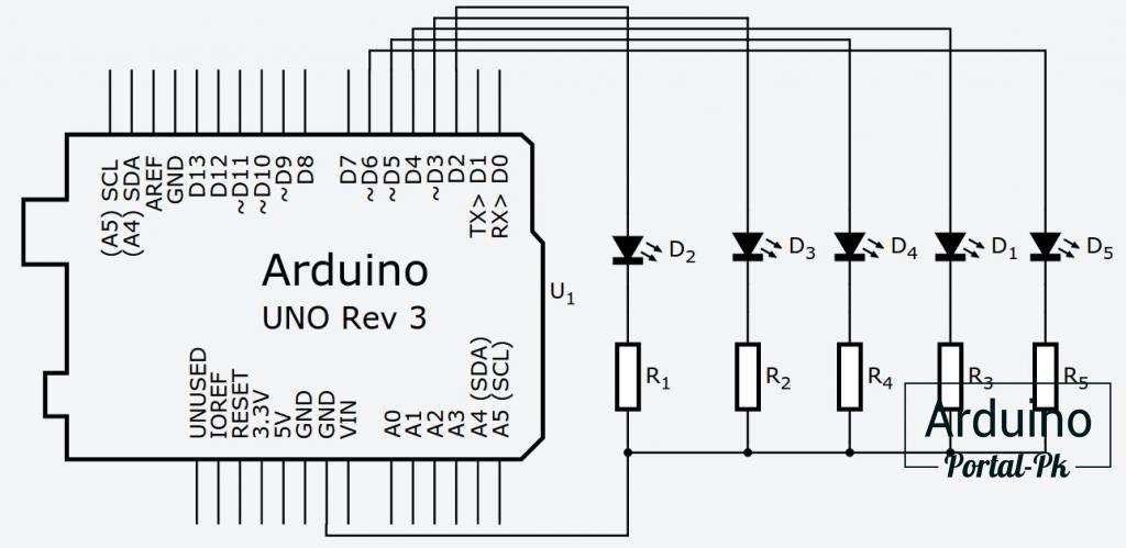 Принципиальная схема светофора на Arduino для машин и пешеходов.