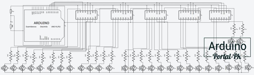 Принципиальная схем подключения к Arduino UNO 5 сдвиговых регистров 74HC595N и 26 светодиодов.